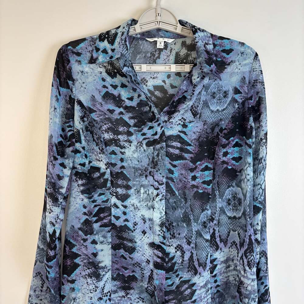 CAbi python snake print semi-sheer button down blouse womens S blue long sleeve